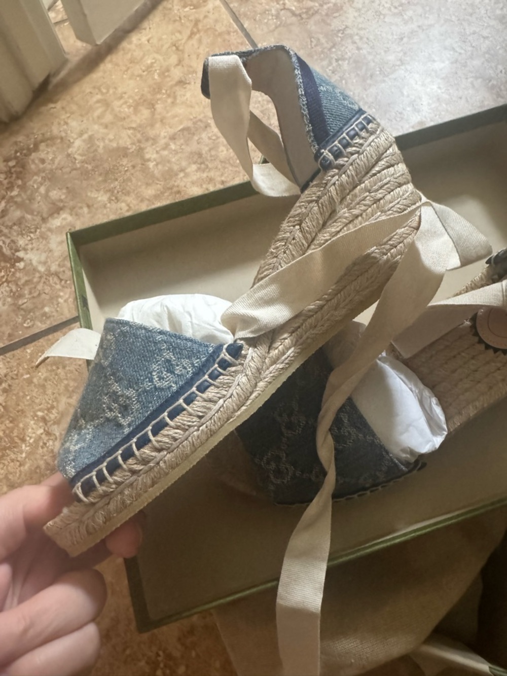 🆕 Gucci Pilar 51mm Denim Blue Espadrille Wedge Sandal with Ankle Tie - Picture 6 of 9